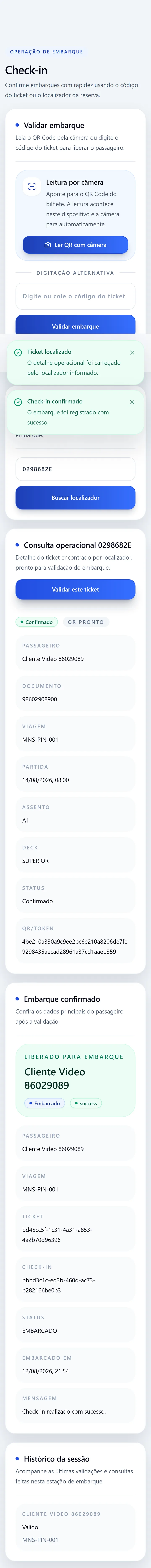 Tela de check-in da ViaRios validada em perfil móvel