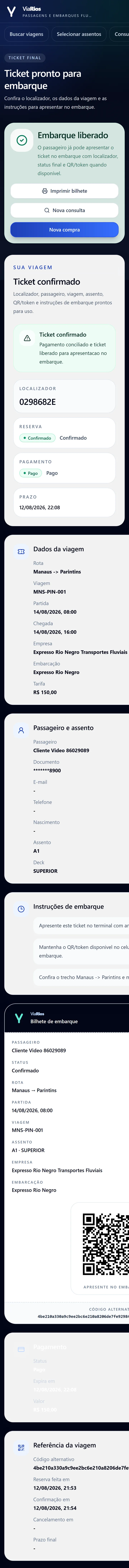 Ticket digital ViaRios com QR Code em tela de celular